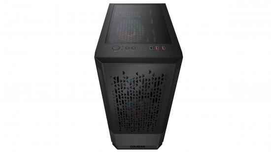 Schwarzer Gaming-PC-Tower mit Lüftungsgittern und RGB-Beleuchtung von oben