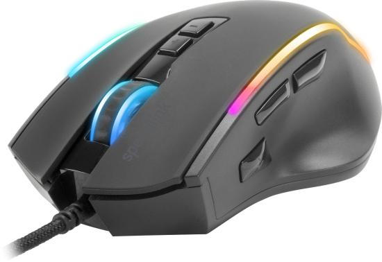 Schwarze Gaming-Maus mit RGB-Beleuchtung, präzisem Scrollrad und programmierbaren Tasten