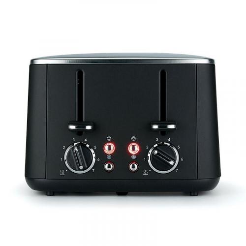 Schwarzer Toaster mit zwei Schlitzen und Bedienelementen für Temperatur und Zeit