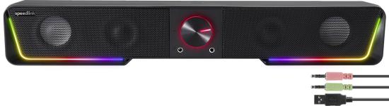 Schwarze Soundbar mit RGB-Beleuchtung, Lautsprechern und Kabelanschlüssen für perfekten Klang und Design