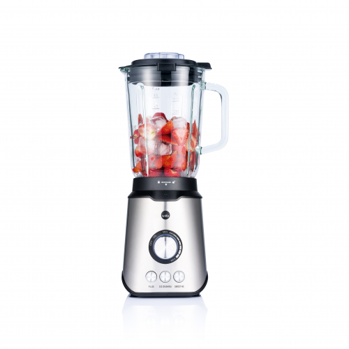 Eleganter Mixer aus Edelstahl mit gefülltem Glaskrug, ideal zum Zerkleinern von Obst und Eis.
