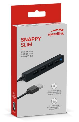 Verpackung des Speedlink Snappy Slim USB 2.0 Hubs, der vier USB 2.0 Anschlüsse bietet.