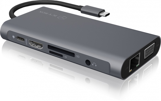 Universeller USB-C Hub mit Anschlüssen für HDMI, Ethernet und SD-Karten.
