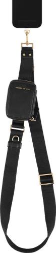 Hochwertige schwarze Umhängetasche mit integriertem Handyhalter und goldenen Akzenten