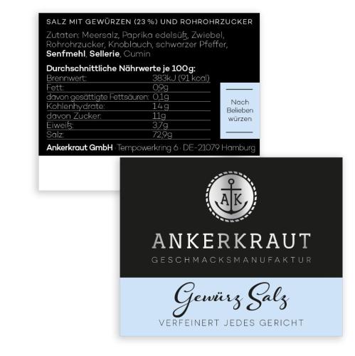 Produktetikett von Ankerkraut Gewürz Salz mit Zutaten und Nährwertangaben