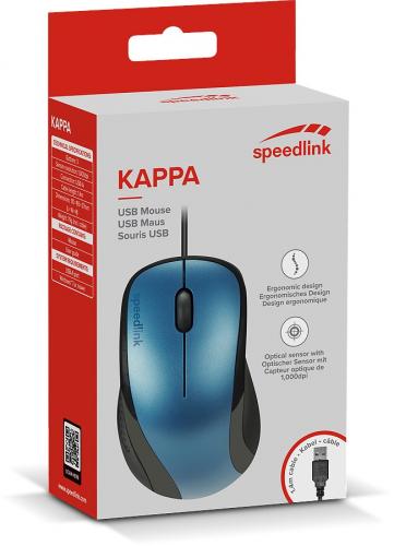 Verpackung der Speedlink Kappa USB-Maus in Blau, ergonomisches Design, optischer Sensor mit 1000 dpi