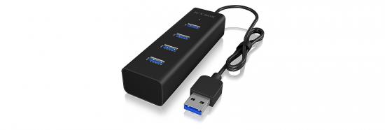 Schwarzer USB-3.0-Hub mit vier Anschlüssen und Kabel
