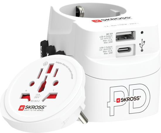 SKROSS Adapter für weltweite Steckdosen mit USB-C und USB-A
