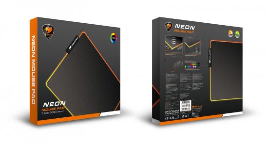 Verpackung eines Neon Mouse Pads mit RGB-Beleuchtung und rutschfester Unterseite, Vorder- und Rückansicht mit technischen Details.