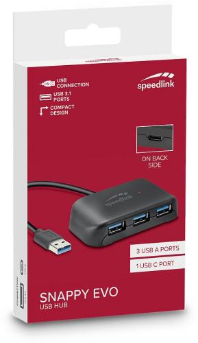 Verpackung des Speedlink Snappy Evo USB Hubs mit 3 USB-A Ports und 1 USB-C Port
