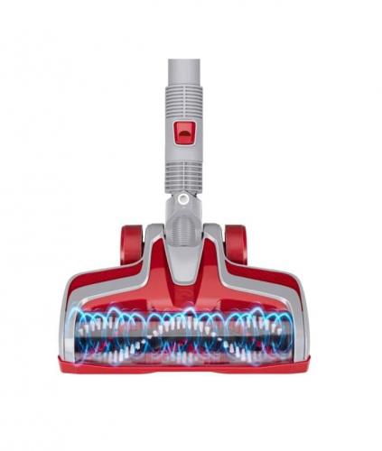 Roter Staubsauger mit LED-Licht und rot-grauer Farbgebung