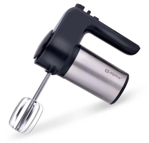 Moderner elektrischer Handmixer mit schwarzem Griff und Edelstahlgehäuse, Marke alpina