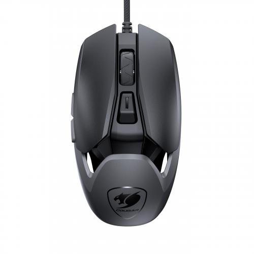 Schwarze, ergonomische Gaming-Maus mit Kabel und Logo auf der Rückseite