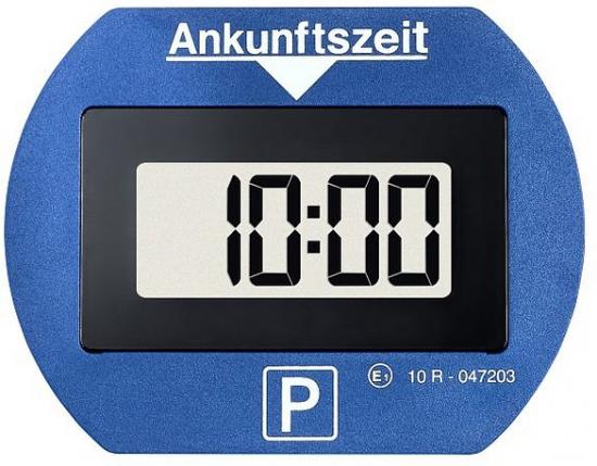 Blaue elektronische Parkscheibe mit digitaler Anzeige der Ankunftszeit 10:00 Uhr
