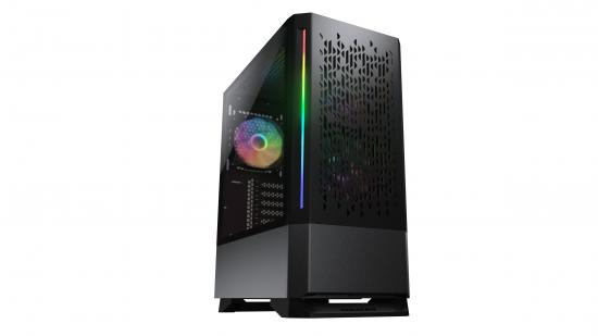 Seitliche Ansicht eines modernen Gaming-PCs mit RGB-beleuchtetem Lüfter und stilvollem Design.