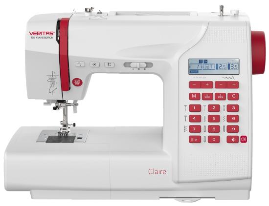 Weiße Veritas Claire Nähmaschine mit LCD-Display und roten Akzenten, ideal für präzises Nähen