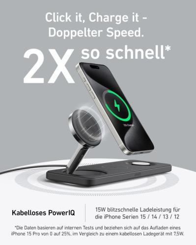 Schnelles kabelloses Ladegerät mit 15W Leistung für iPhone Serien 15 bis 12, zeigt das iPhone beim Laden auf der Station.