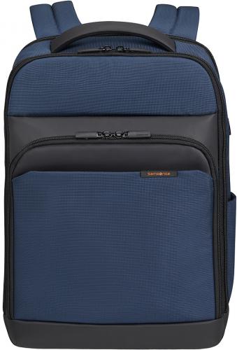 Blauer Rucksack mit mehreren Reißverschlussfächern und gepolsterten Schultergurten