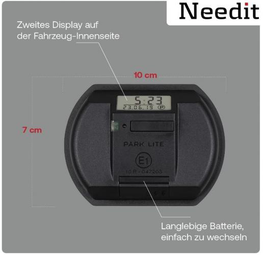 Elektronische Parkscheibe Park Lite zeigt Maße und Eigenschaften wie ein zweites Display und einfache Batteriewechsel an.