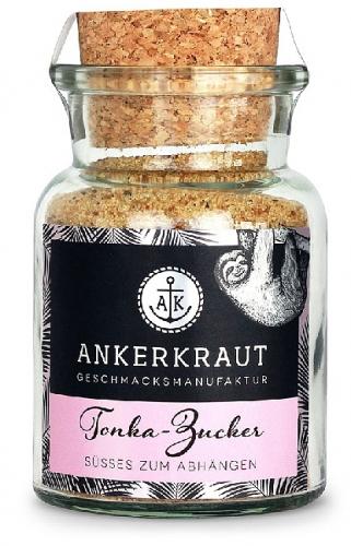 Glas mit Ankerkraut Tonka-Zucker und Korkdeckel, dekoratives Etikett