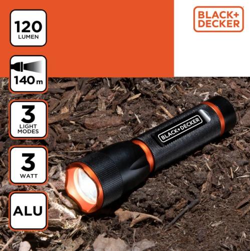 Robuste BLACK+DECKER Taschenlampe mit 120 Lumen, 140 m Reichweite, 3 Lichtmodi, 3 Watt Leistung, Aluminiumgehäuse