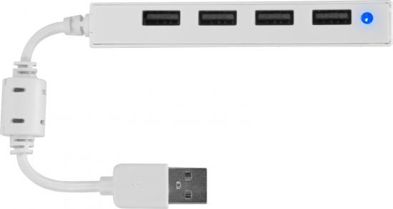 Weißer USB-Hub mit vier USB-Anschlüssen und LED-Anzeige