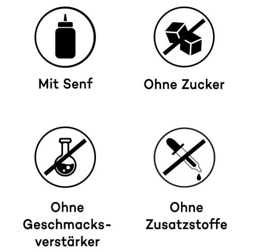 Symbole für Produktmerkmale: Mit Senf, ohne Zucker, ohne Geschmacksverstärker, ohne Zusatzstoffe
