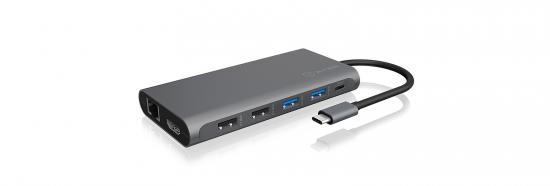 Ein USB-C Hub mit mehreren Anschlüssen, darunter USB, HDMI und Ethernet, in einem schlanken Aluminiumgehäuse.