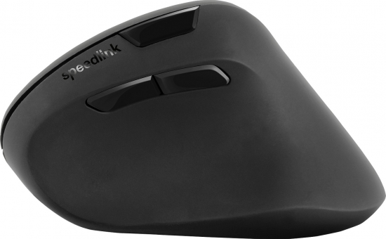 Seitenansicht einer ergonomischen vertikalen schwarzen Maus mit zwei seitlichen Tasten von Speedlink