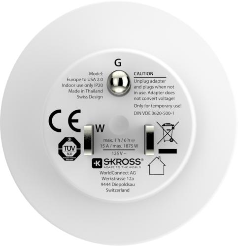 SKROSS Reiseadapter Europe to USA 2.0, CE-zertifiziert, weiß, für den Innenbereich geeignet, max. 1875 W