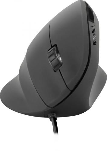 Seitliche Ansicht einer ergonomischen vertikalen Maus mit Kabel