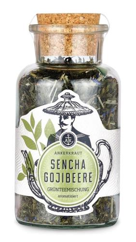 Glasflasche mit Ankerkraut Sencha Gojibeere Grünteemischung, aromatisiert mit Goji-Beeren