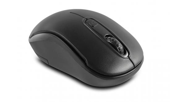 Schwarze kabellose Computermaus mit ergonomischem Design und Scrollrad