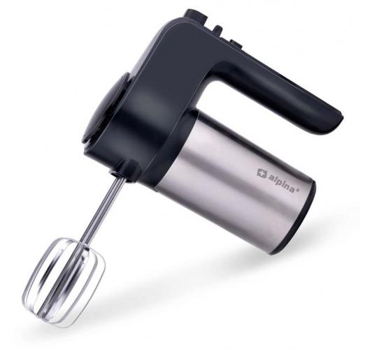 Schwarzer und silberner elektrischer Handmixer der Marke Alpina mit Rührbesen