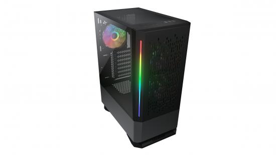 Modernes schwarzes PC-Gehäuse mit seitlichem Glasfenster und RGB-Lichtleiste