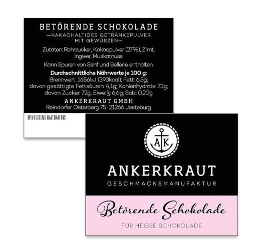 Produktverpackung von Ankerkraut, Betörende Schokolade, eine Mischung für heiße Schokolade mit Zimt, Ingwer und Muskatnuss