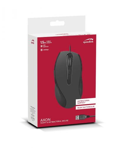 Verpackung der Speedlink AXON Maus mit geräuschlosen Tasten und antibakterieller Oberfläche