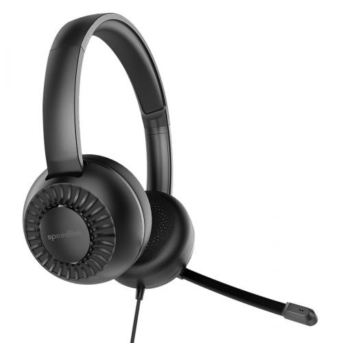 Schwarzes Headset mit Mikrofon von der Marke Speedlink, ideal für klare Kommunikation und angenehmen Tragekomfort.