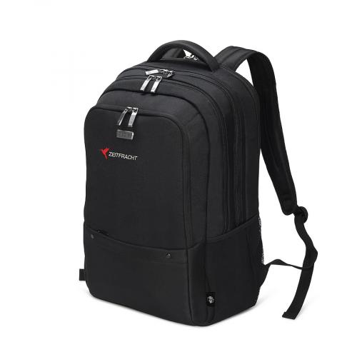 Schwarzer Rucksack mit roten Zierdetails und mehreren Fächern