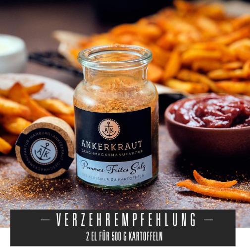 Glas Ankerkraut Pommes Frites Salz neben Schüssel mit Pommes und Ketchup