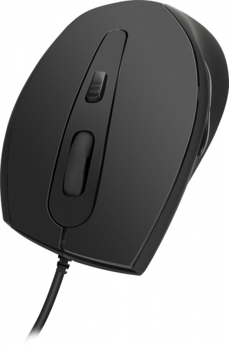 Schwarze kabelgebundene Computermaus mit ergonomischem Design und Scrollrad