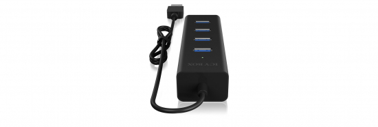 Schwarzer USB-Hub mit vier blauen USB-Anschlüssen und einem Kabel