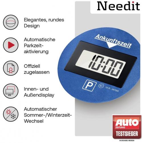 Elektronische Parkscheibe in Blau mit automatischer Parkzeit-Aktivierung und Zeitanzeige. Testsieger der Auto Zeitung.
