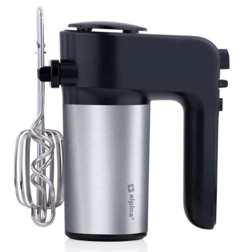 Seitliche Ansicht eines elektrischen Handmixers von Alpina mit Edelstahlteil und Knethaken.