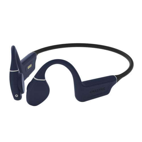 Dunkelblaue kabellose Knochenschall-Kopfhörer mit ergonomischem Design