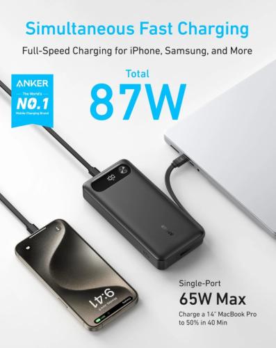 Anker Powerbank lädt ein Smartphone und einen Laptop gleichzeitig mit 87W Leistung