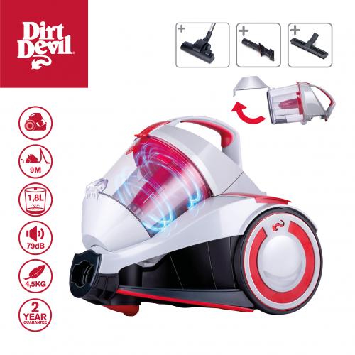 Dirt Devil beutelloser Staubsauger, weiß und rot, mit Zyklon-Technologie, 1,8L Kapazität und 9m Kabellänge. Inklusive Zubehör und 2 Jahren Garantie.