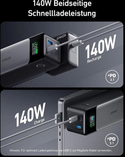Anker Ladegerät mit 140W Leistung, zeigt gleichzeitiges Aufladen von Geräten mit PD 3.1 Technologie.