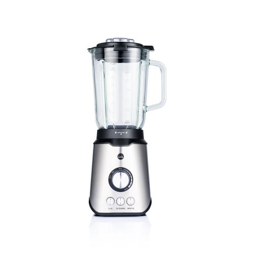 Moderner Mixer mit Glasbehälter und Edelstahloptik, ausgestattet mit mehreren Geschwindigkeitsstufen und Pulsfunktion