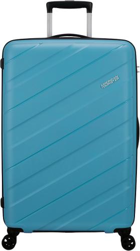 Blauer Hartschalenkoffer mit robustem Design, Teleskopgriff und vier Rollen